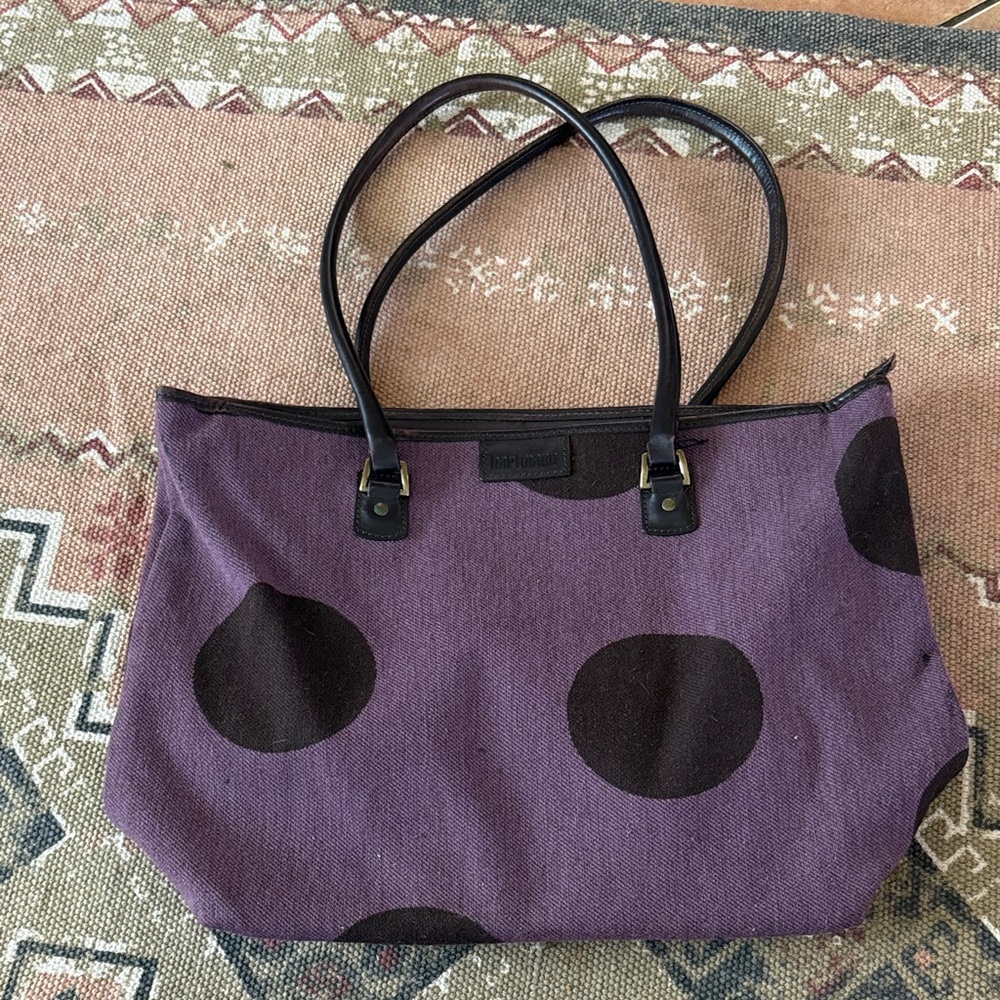Hartmann Travel Elegant Purple and Beown Polka Dot Tote Wool/Leather